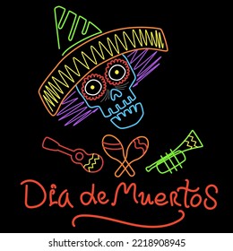 Linear multi-colored Skull in a sombrero with a guitar, maracas, and a pipe on a black background. Colorful graphics for the Day of the Dead. Dia de Muertos Stock Vector Illustration