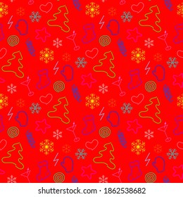 Linear multicolored vector on a Christmas theme on a red background, seamless pattern