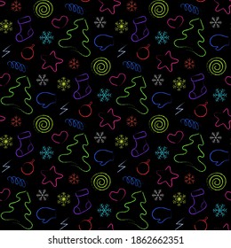 Linear multicolored vector on a Christmas theme on a black background, seamless pattern