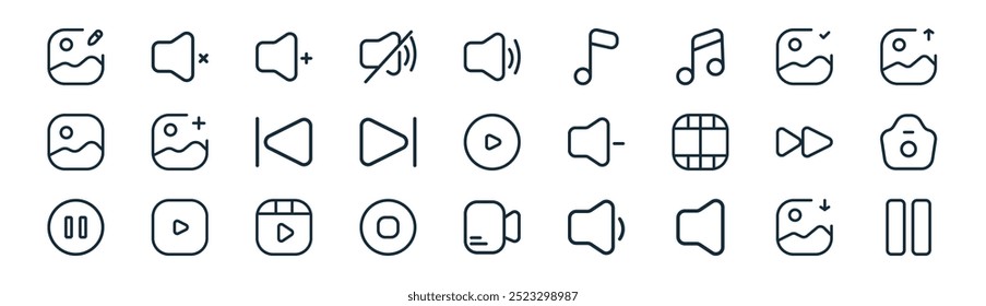 lineares Multimedia-Symbolpaket. Vektor dünne Linie importieren, stumm, Lautstärke nach oben, Bildkorrektur, nächste, Kamera, Video, Pause Symbole geeignet für Apps und Websites ui Designs