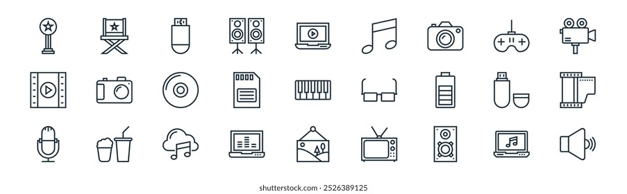 linear multimedia icon pack. vector thin line online music, director chair, usb, video game, memory card, film reel, landscape, volume icons suitable for apps and websites ui designs