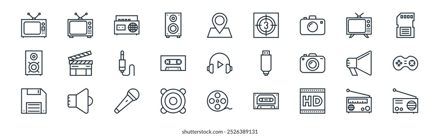 lineares Multimedia-Symbolpaket. Vektor dünne Linie Radio, TV, Musik-Player, TV, Kaste, Gamepad, Filmrolle, Radio-Icons geeignet für Apps und Websites ui Designs