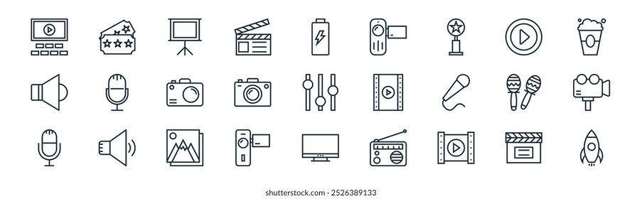 linear multimedia icon pack. vector thin line clapperboard, ticket, whiteboard, play video, camera, video camera, tv, rocket icons suitable for apps and websites ui designs