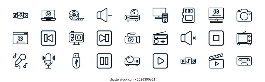 pacote de ícone multimídia linear. vetor clapperboard linha fina, player de vídeo, rolo de filme, botão de reprodução, próxima faixa, tv, projetor, ícones de caso adequados para aplicativos e sites projetos de iu