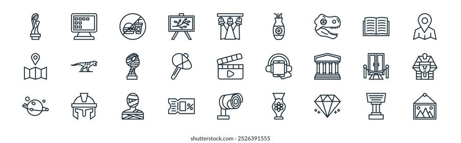 linear museum icon pack. vector thin line stand, display, no fast food, book, stone axe, pharaoh, cctv, picture icons suitable for apps and websites ui designs