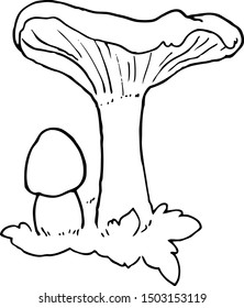 Linear Mushrooms On White Background. Vector Illustration With Black Stroke. Hand Drawn Template For Coloring Book. Two Objects Together. Sketch. Pair