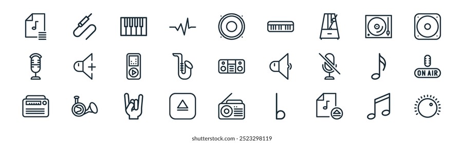 linear music icon pack. vector thin line music note, jack, piano, pickup, saxophone, on air, radio, volume control icons suitable for apps and websites ui designs