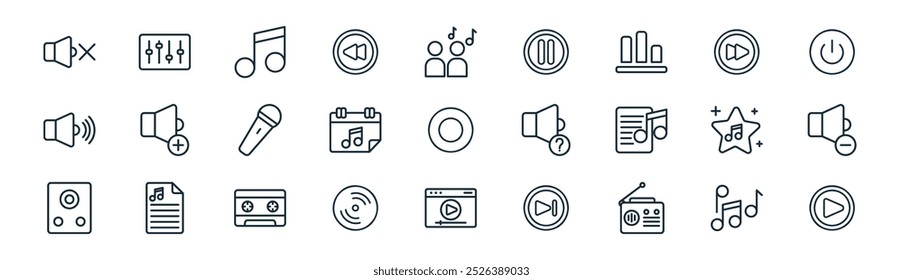 linear music icon pack. vetor linha fina notas musicais, mixer, música, avançar, calendário, volume para baixo, player de vídeo, tocar ícones de botão adequados para aplicativos e sites ui designs