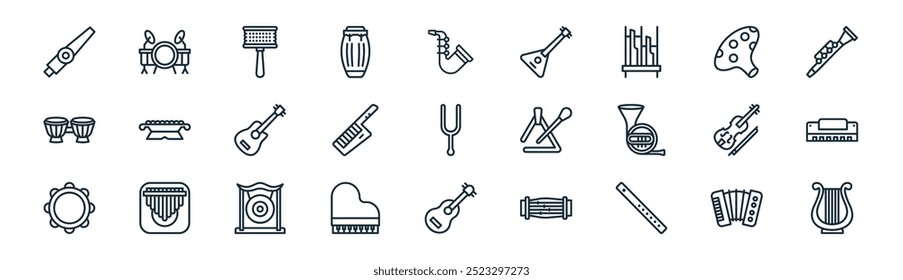 Vector de línea delgada acordeón, tambor, cabasa, ocarina, keytar, armónica, ukelele, arpa iconos adecuados para App y Sitios web UI diseños