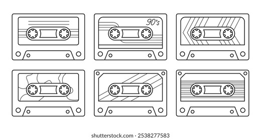 Linear music tapes vector set on white background. Isolated collection of contour retro cassettes for coloring pages