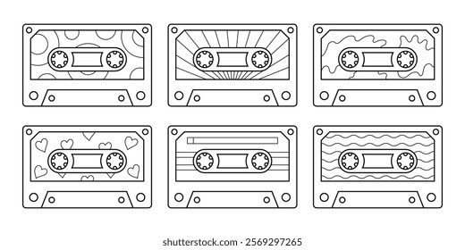 Linear music tapes vector set on white background. Isolated collection of contour retro cassettes for coloring pages