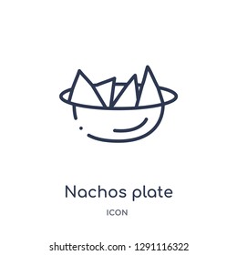 Linear nachos plate icon from Bistro and restaurant outline collection. Thin line nachos plate vector isolated on white background. nachos plate trendy illustration