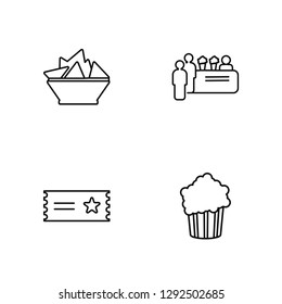 Linear Nachos, Theater ticket, Cinema Snack Bar, Popcorn Vector Illustration Of 4 outline Icons. Editable Pack Of Nachos, Theater ticket, Cinema Snack Bar, Popcorn