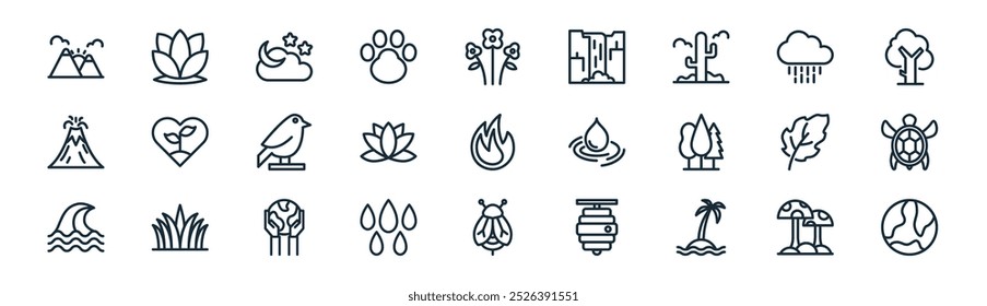 linear nature icon pack. vector thin line mushroom, lotus, night, rain, lotus flower, turtle, bee, earth icons suitable for apps and websites ui designs