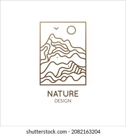Linear nature logo. Mountain minimalistic landscape icon with waves structure. Vector pattern wavy lines. Ornamental rectangular emblem for design geologic and mineral industry, travel, massage, yoga