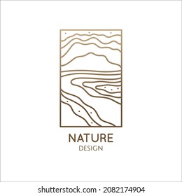 Linear nature logo. Mountain minimalistic landscape icon with waves structure. Vector pattern wavy lines. Ornamental rectangular emblem for design geologic and mineral industry, travel, massage, yoga