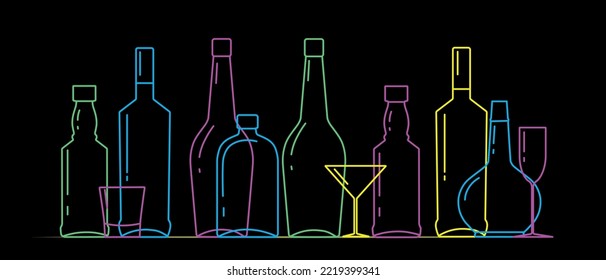 Linear neon illustration of a set of alcohol bottles. Vector drawing alcohol party