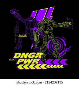 Linear Neon rorbot vector illustratiion on black background with text and arrows. Danger power robotically men poster. T shirt desin for boy.