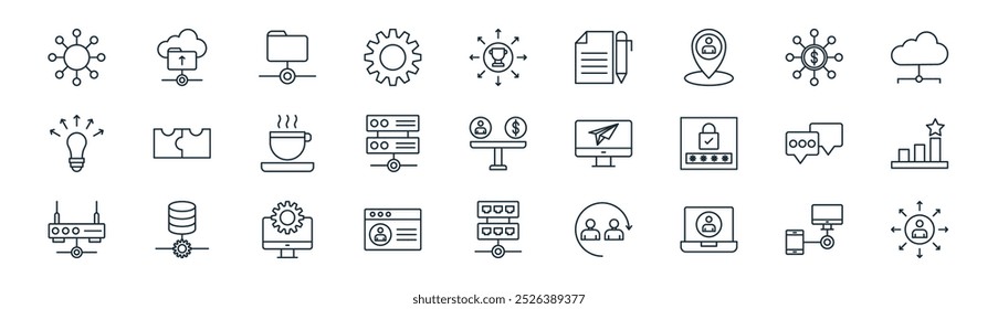 linear networking icon pack. vector thin line linked, upload file, share, money, server, rank, hub, networking icons suitable for apps and websites ui designs