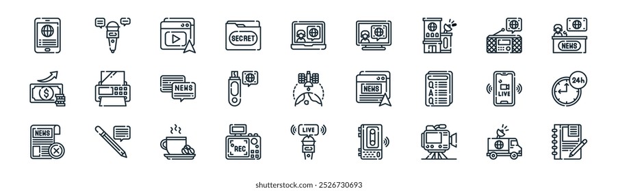 linear news amp journal icon pack. vector thin line van, microphone, video, radio, pen drive, hours, live stream, notes icons suitable for apps and websites ui designs