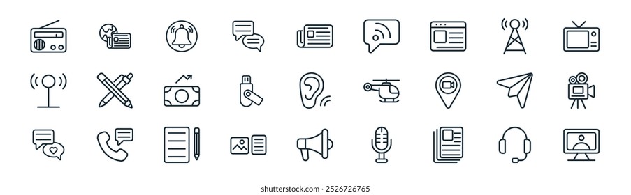 Vector de auriculares de línea delgada, diario, Suscribirse, , memoria USB, película, megáfono, iconos de noticias adecuados para App y Sitios web UI diseños