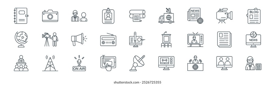 linear news and media icon pack. vector thin line talk show, camera, interview, video camera, radio, breaking news, satelite, journalism icons suitable for apps and websites ui designs