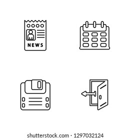 Linear Newspaper, Diskette, Calendar,   Vector Illustration Of 4 outline Icons. Editable Pack Of Newspaper, Diskette, Calendar,  