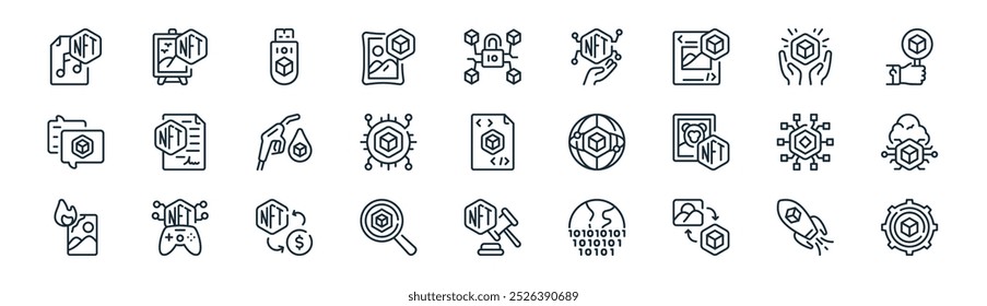 Cohete de línea delgada del Vector, arte, flashdisk, mano, token, nube, subasta, iconos del engranaje convenientes para los App y los Sitios web Diseños de la UI