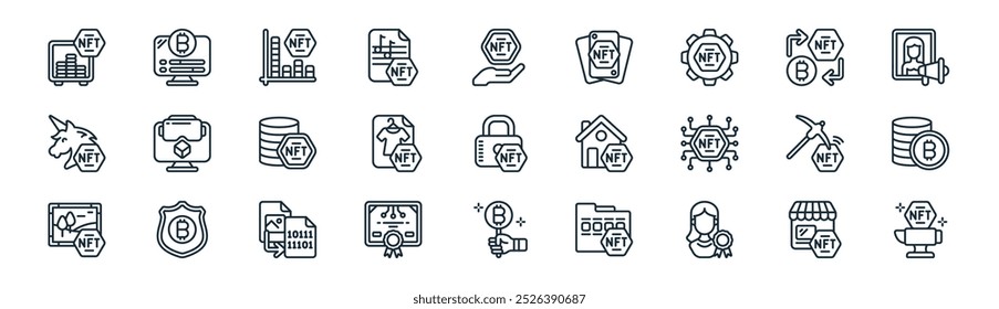 lineares nfts icon pack. vetor linha fina loja, estatísticas, gráfico, intercâmbio, roupas,, licitação, bigorna ícones adequados para aplicativos e sites