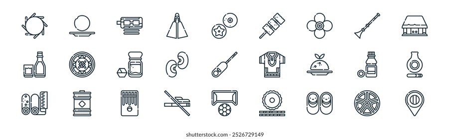 Linear Nigeria Icon Pack. Vector Thin Line Nollywood, Fufu, Ekwe, Kakaki, Cowpea, Udu, Football, Nigeria Iconos adecuados para App y Sitios web UI Diseños