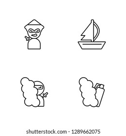 Linear Ninja, Ninja, Sail, Smoke bomb Vector Illustration Of 4 outline Icons. Editable Pack Of Ninja, Ninja, Sail, Smoke bomb