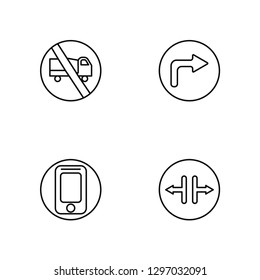 Linear No trucks, Phone, Turn right, Narrow road Vector Illustration Of 4 outline Icons. Editable Pack Of No trucks, Phone, Turn right, Narrow road