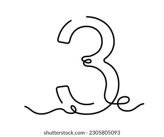 Linear number 3 concept. Countdown and calculations, numeral. Outline symbol and sign. Sticker for social networks and messengers. Lineart flat vector illustration isolated on white background