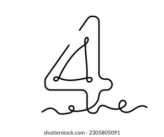 Linear number 4 concept. Single line and oneline, monoline sketch. Math and algebra. Poster or banner for website. Lineart flat vector illustration isolated on white background