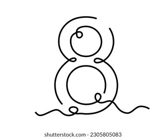 Concepto del número lineal 8. Esbozo dibujado a mano en número. Objeto de silueta y monolina. Plantilla, disposición y burla. Ilustración lineal vectorial aislada en fondo blanco