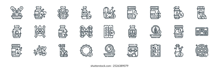 Vector de línea delgada de vitamina E, hígado, nutrientes, agua, vitamina B, píldoras, grasas trans, íconos de vitamina C adecuados para App y Sitios web Diseños de UI