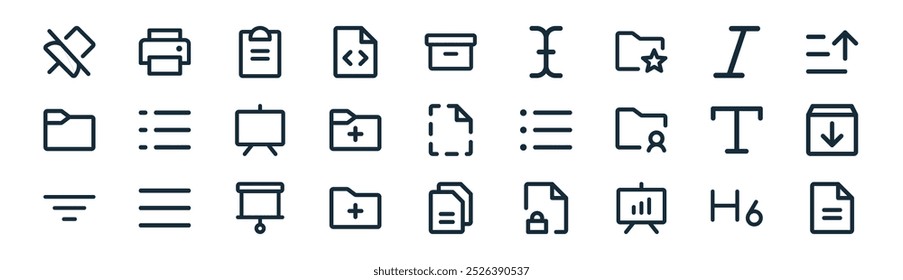 linear office icon pack. vector thin line heading, printer, list, italic, add, box, files, text file icons suitable for apps and websites ui designs