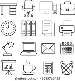 Linear office icons set in modern outline style. Includes workplace elements like desk, computer, documents, coffee cup, printer, and business tools. Perfect for apps, websites, presentations, infogra