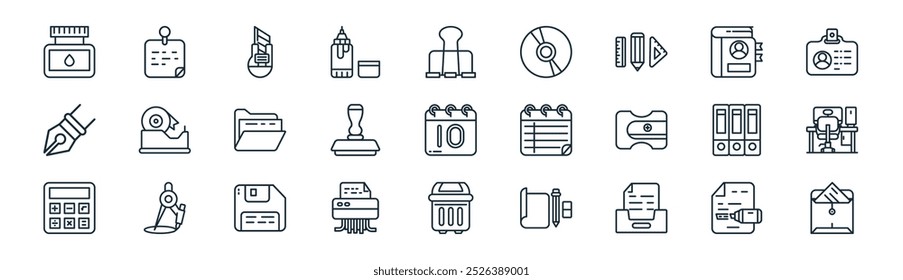 linear office material icon pack. vector thin line highlighter, note, cutter, book, stamp, workspace, trash bin, envelope icons suitable for apps and websites ui designs