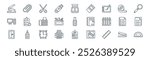 linear office stationery icon pack. vector thin line stapler remover, paper clip, scissor, sticky tape, pencil case, files, id card, protractor icons suitable for apps and websites ui designs