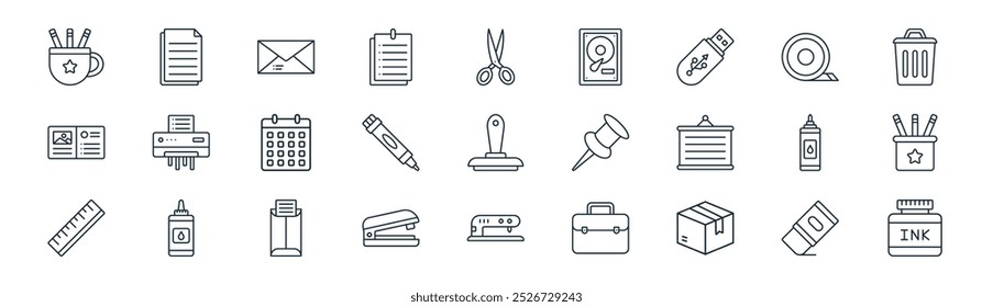 linear office stationery icon pack. vector thin line eraser, files, envelope, sticky tape, marker, pencil case, hole puncher, ink bottle icons suitable for apps and websites ui designs