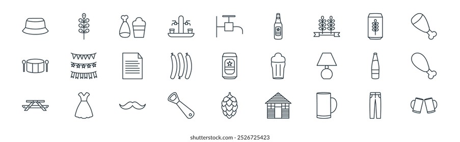 linear oktoberfest icon pack. vector thin line pant, barley, beer, beer can, sausage, leg, hop, beer icons suitable for apps and websites ui designs