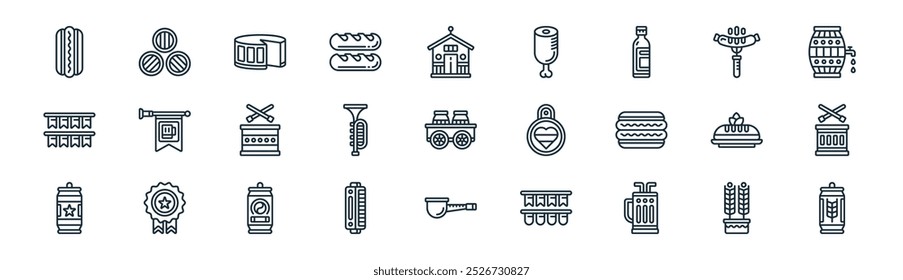 linear oktoberfest icon pack. vector thin line wheat, barrel, cheese, sausage, et, drum, pipe, beer icons suitable for apps and websites ui designs