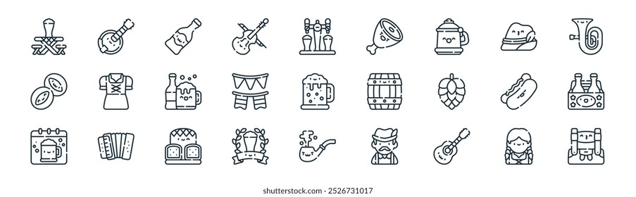 Vector delgado de la línea de la mujer, banjo, cerveza, sombrero, guirnalda, cerveza, pipa de fumar, lederhosen iconos convenientes para los App y los Sitios web diseños de la UI