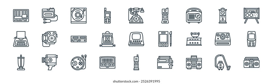 linear old device icon pack. vector thin line vacuum cleaner, audio player, turntable, clock, camera, phone, phone, record player icons suitable for apps and websites ui designs