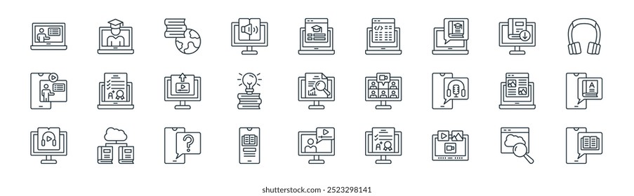 linear online education icon pack. vector thin line cloud server, graduate, learning, direct download, knowledge, vocabulary, video lecture, digital book icons suitable for apps and websites ui