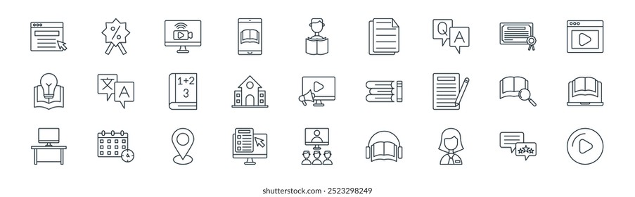 linear online education icon pack. vector thin line positive review, discount badge, live stream, certificate, school, learn, virtual class, play button icons suitable for apps and websites ui