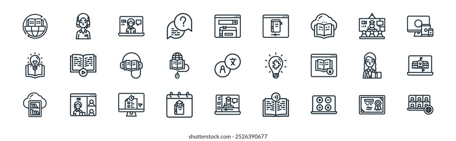 linear online learning icon pack. vetor certificação de linha fina, suporte, consultor, aprendizagem online, elearning, aula online, classe, ícones de webinar adequados para aplicativos e sites ui designs