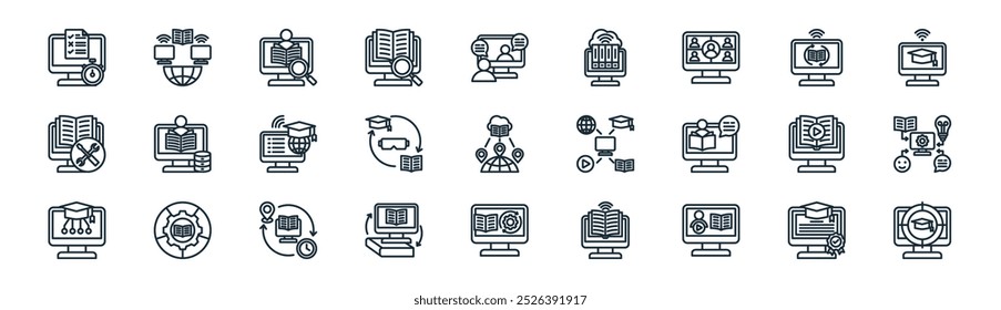 linear online learning icon pack. vetor thin line accreditation, ensino à distância, análise, aprendizagem online, imersivo, api, ícones de objetivo adequados para apps e sites ui designs