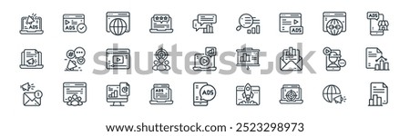 linear online marketing icon pack. vector thin line online marketing, ads, browser, web link, target, results, ads, report icons suitable for apps and websites ui designs